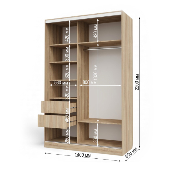 Шкаф-купе БН-61 2дв с ящ.1400х600х2200 Дуб сонома/хром